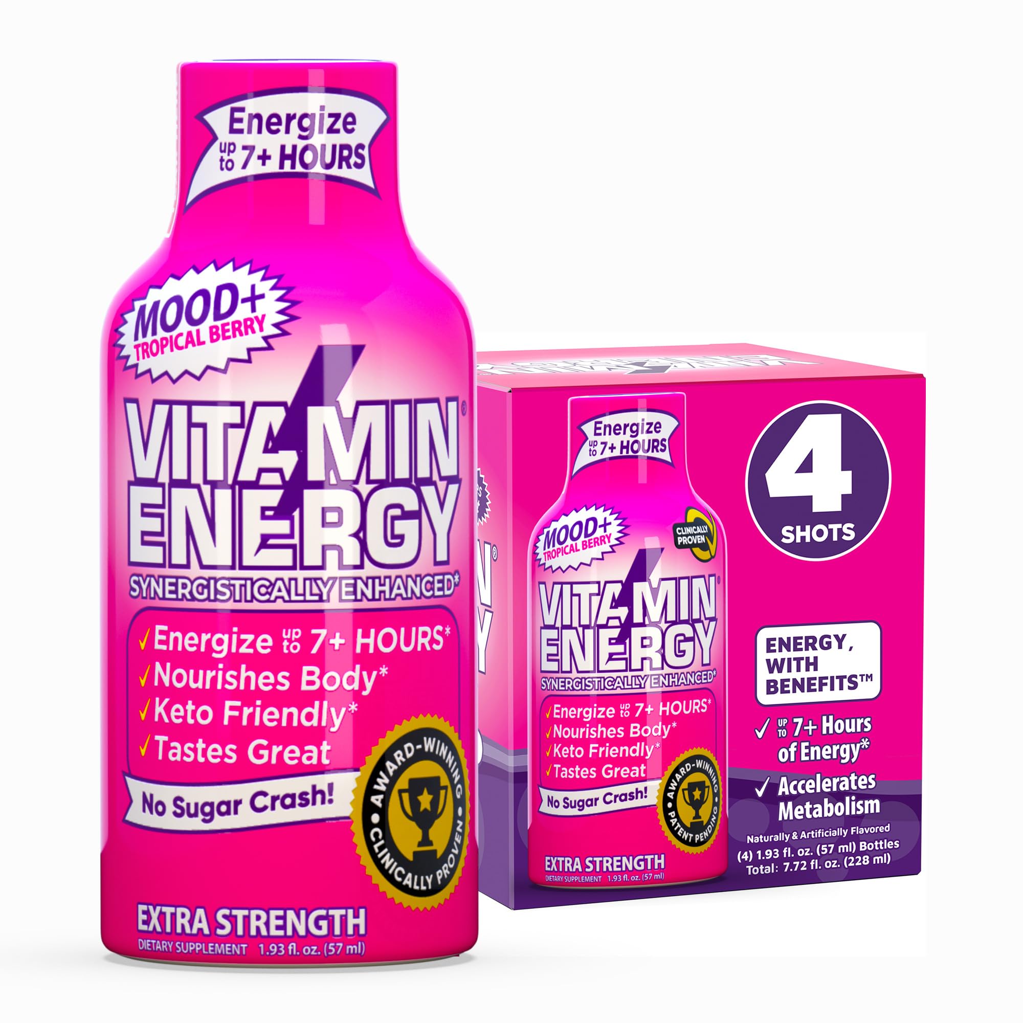 Vitamin Energy Mood+ Tropical Berry bottle closeup showing caffeine boost for focus