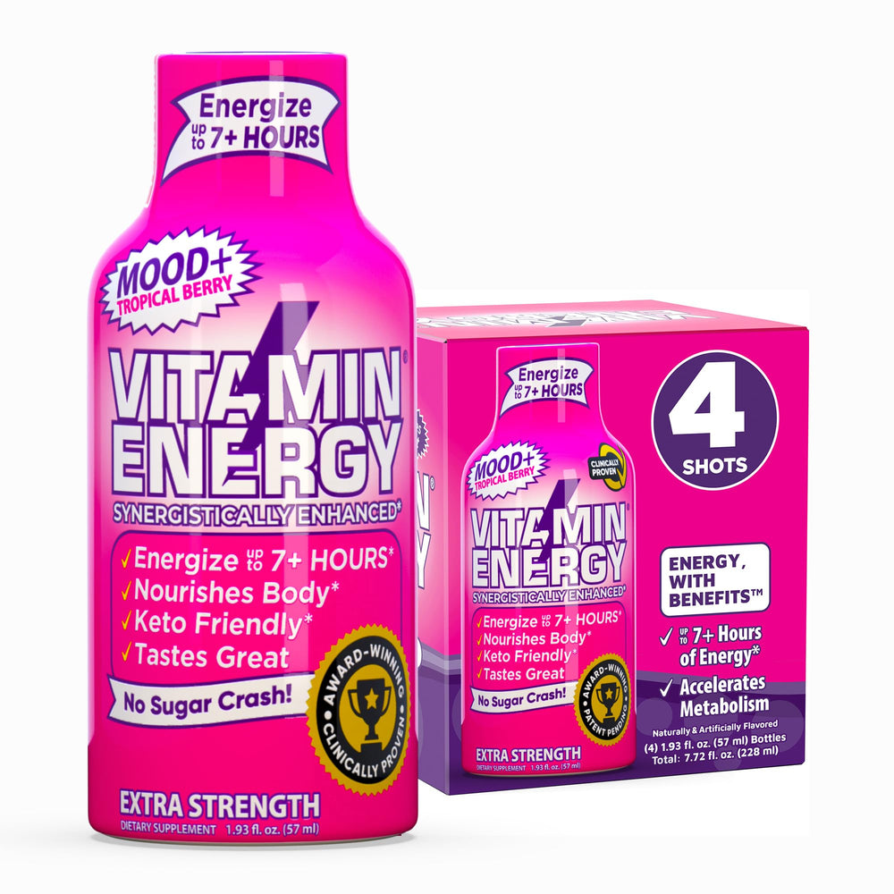 Vitamin Energy Mood+ Tropical Berry bottle closeup showing caffeine boost for focus