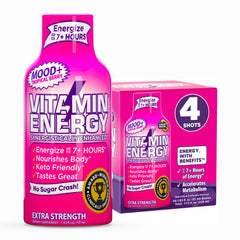 Vitamin Energy Mood+ Tropical Berry bottle closeup showing caffeine boost for focus