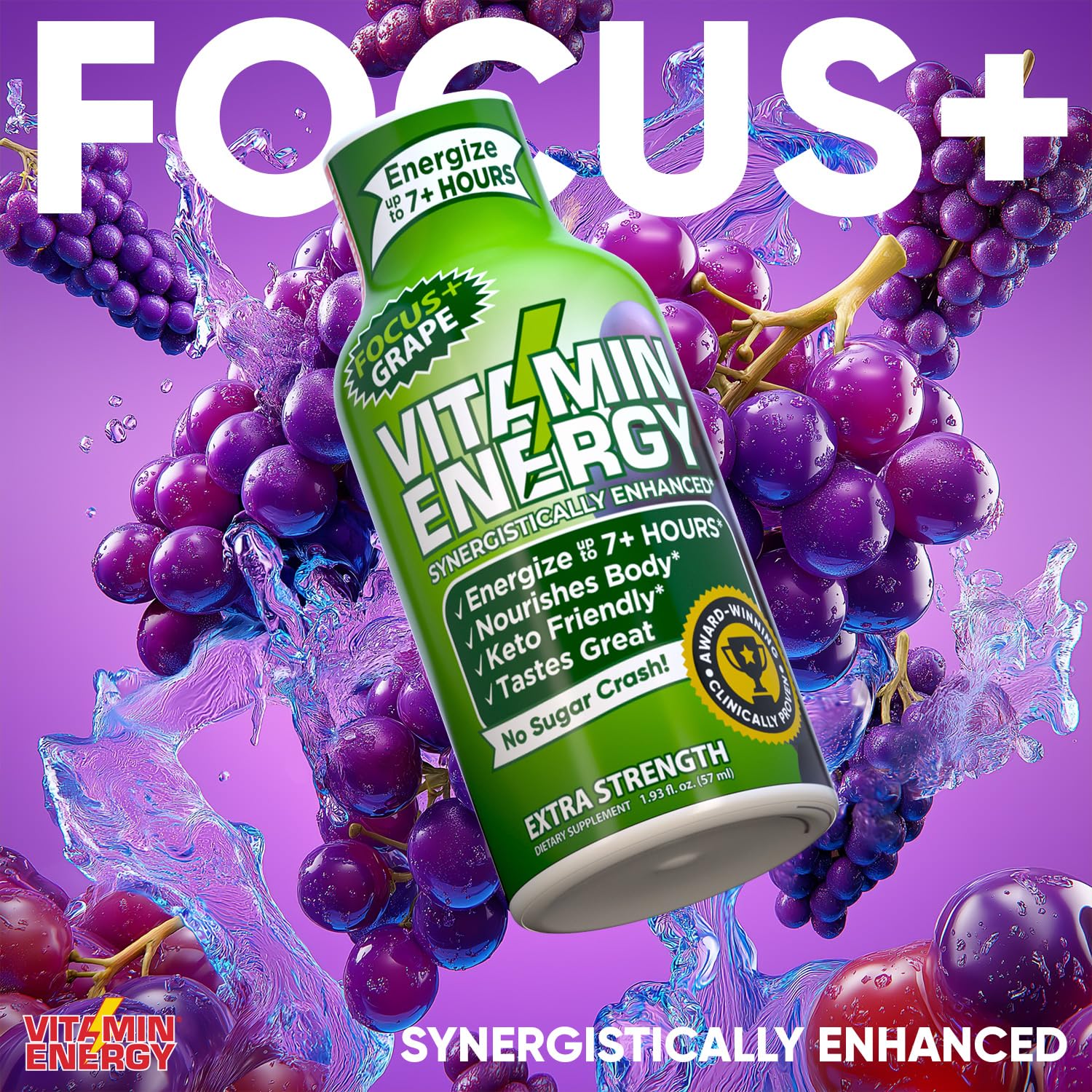 Vitamin Energy Focus+ grape being poured reveals refreshing taste