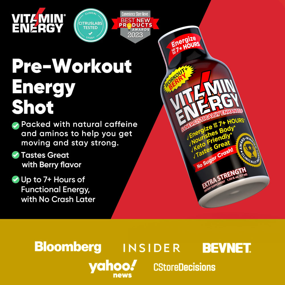 Vitamin Energy Workout+ Berry glass emphasizes sustained energy for endurance workouts.
