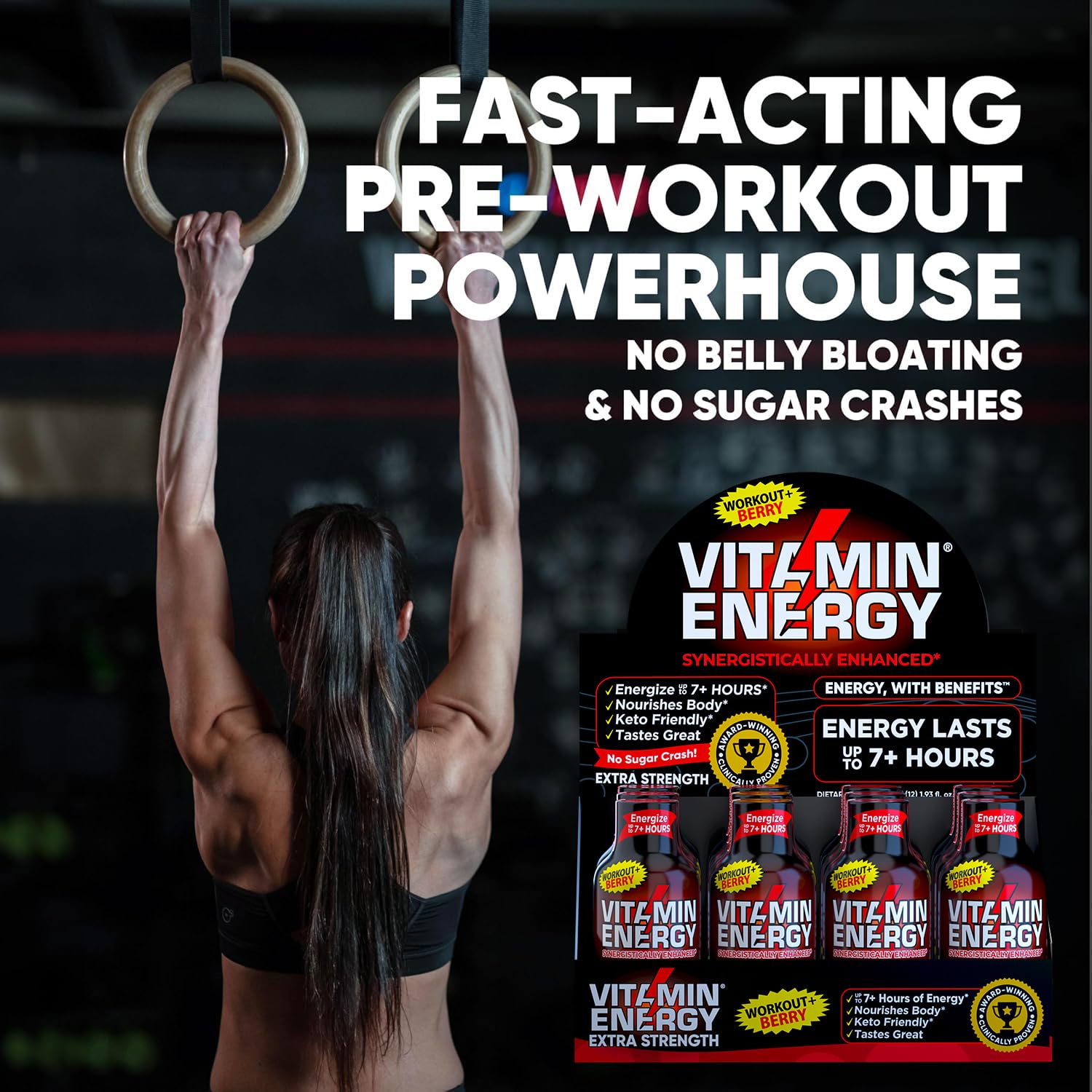 Vitamin Energy Workout+ Berry gym-bag image suggests easy storage for workouts and travel.