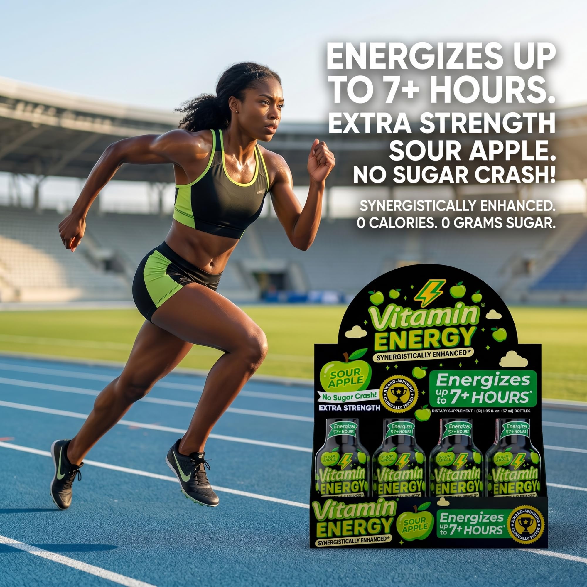 Nutrition label of Vitamin Energy Workout+ Sour Apple highlighting zero sugar