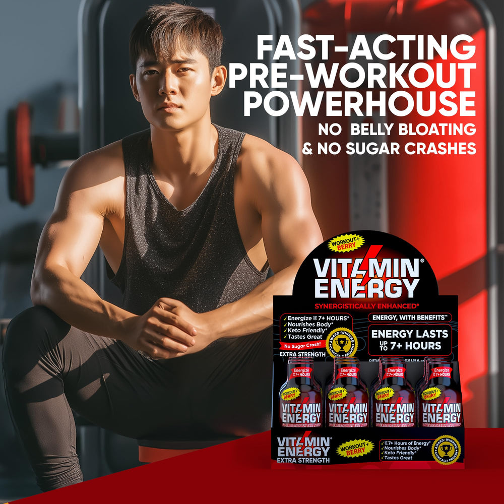 Vitamin Energy Workout+ Berry Shot athlete scene reflects endurance-ready pre-workout routine.