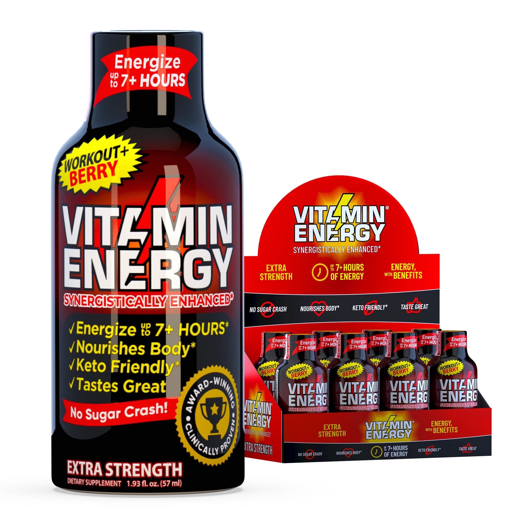 Vitamin Energy Workout+ Berry Shot 8-pack ready for gym sessions and sustained energy.