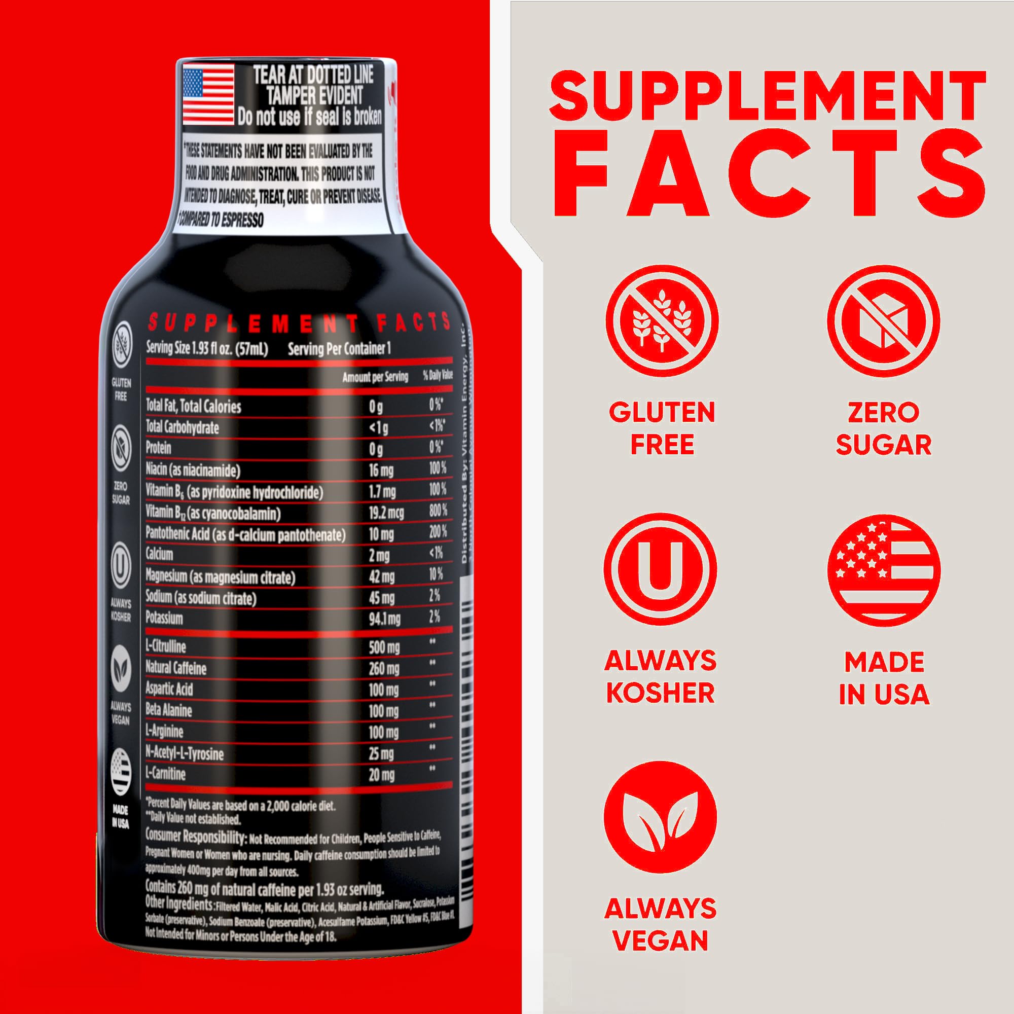 Vitamin Energy Workout+ Berry Shot bottle closeup highlights natural caffeine for quick workouts.