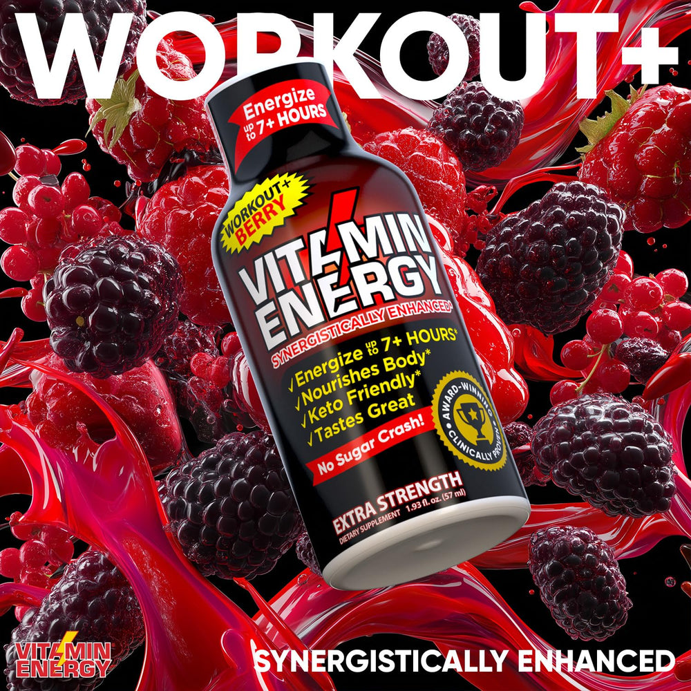 Vitamin Energy Workout+ Berry Shot ingredients graphic features B-vitamins and amino acids for support.