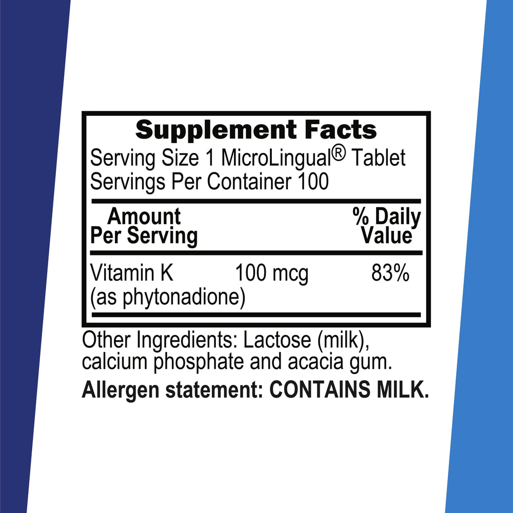 Vitamin K 100 mcg supplement packaging and label