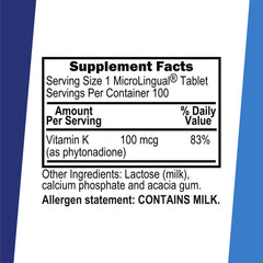 Vitamin K 100 mcg supplement packaging and label