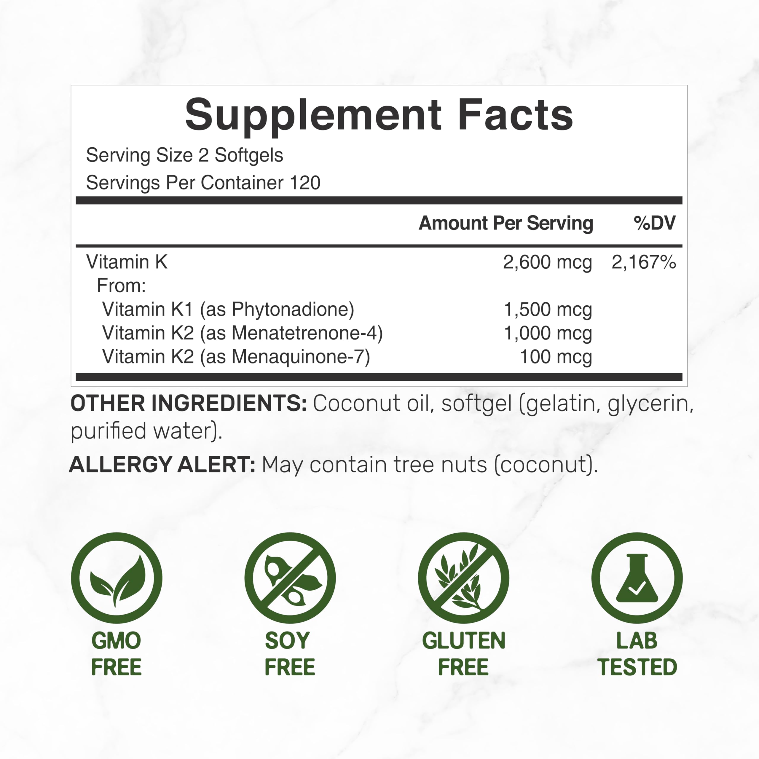 Back view of Vitamin K Complete 240 softgel bottle showing supplement facts