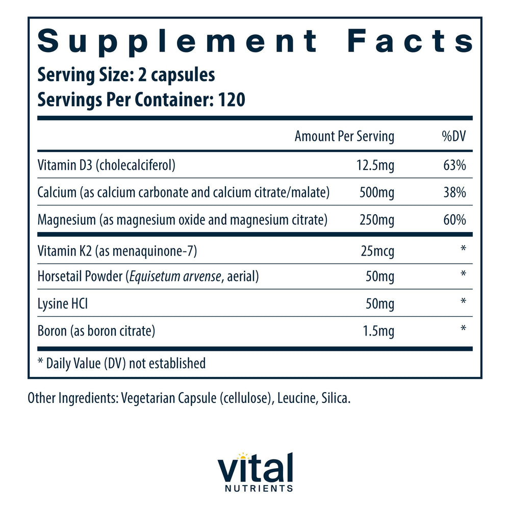 Label featuring Vitamin K2, D3, calcium, boron and magnesium
