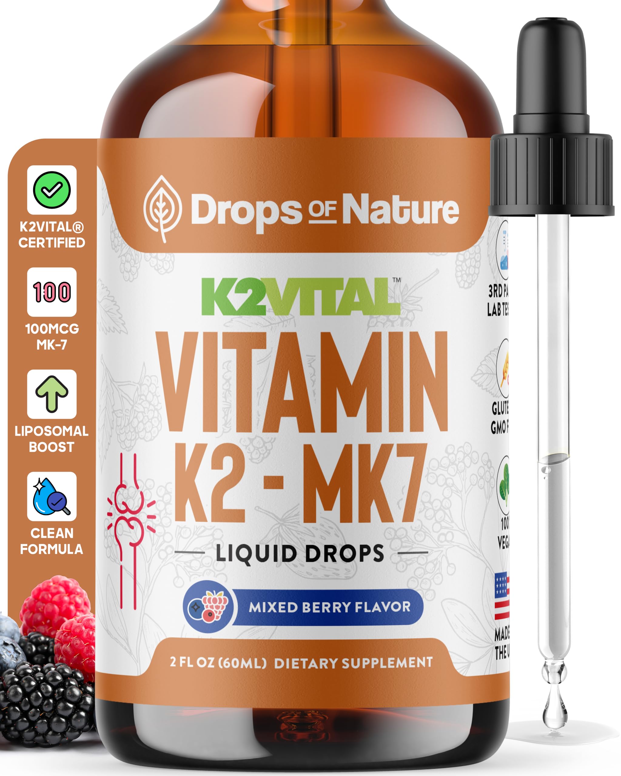 Vitamin K2 MK7 Liquid Supplement bottle with mixed berry flavor – 60ml