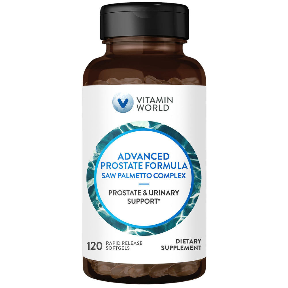 Bottle of Vitamin World Advanced Prostate Formula Saw Palmetto Complex with 120 softgels