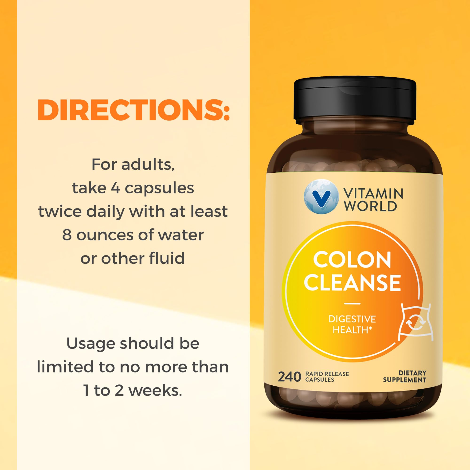 Vitamin World Colon Cleanse gluten-free label indicating allergy-friendly formulation.