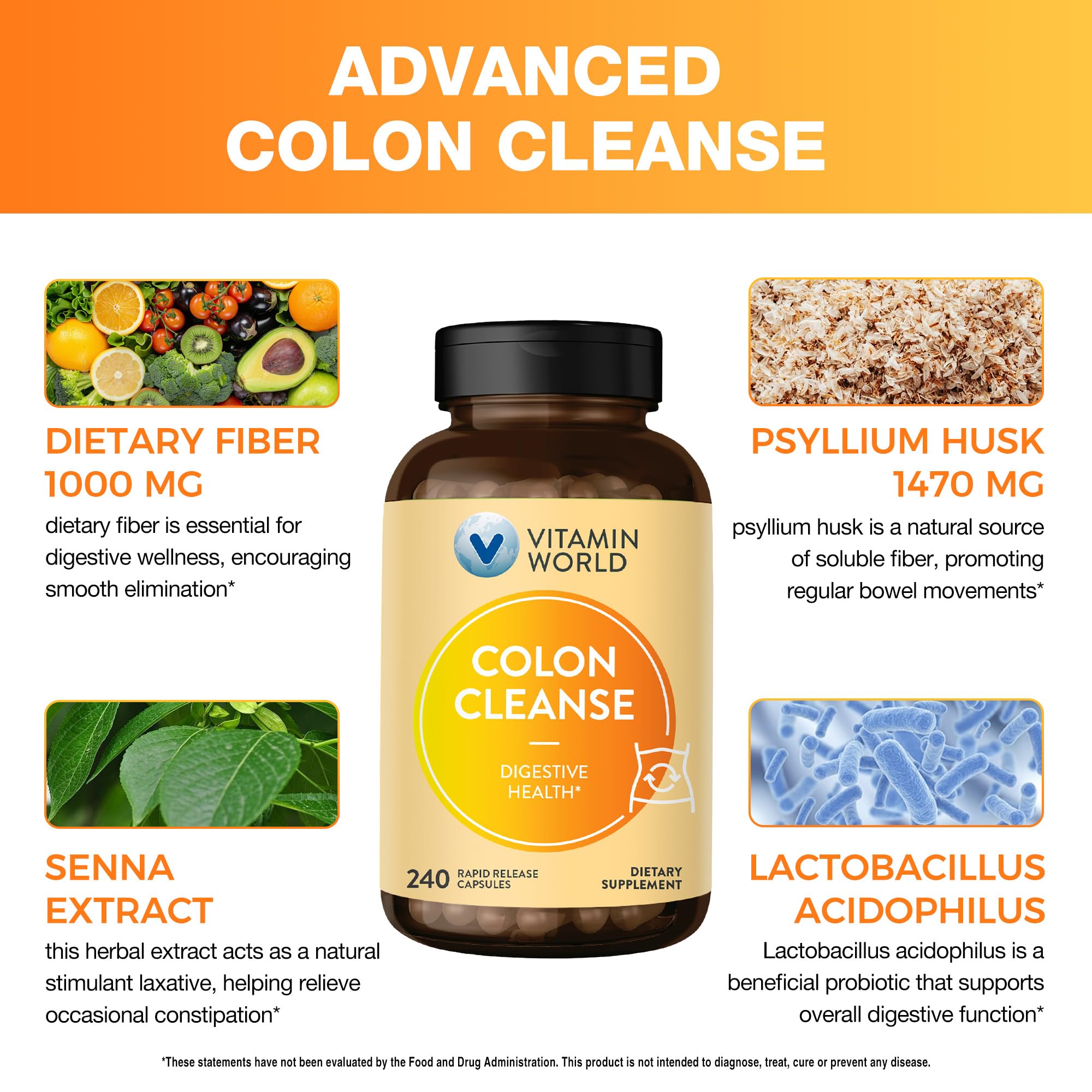 Vitamin World Colon Cleanse probiotics label showing lactobacillus acidophilus for balanced gut health.