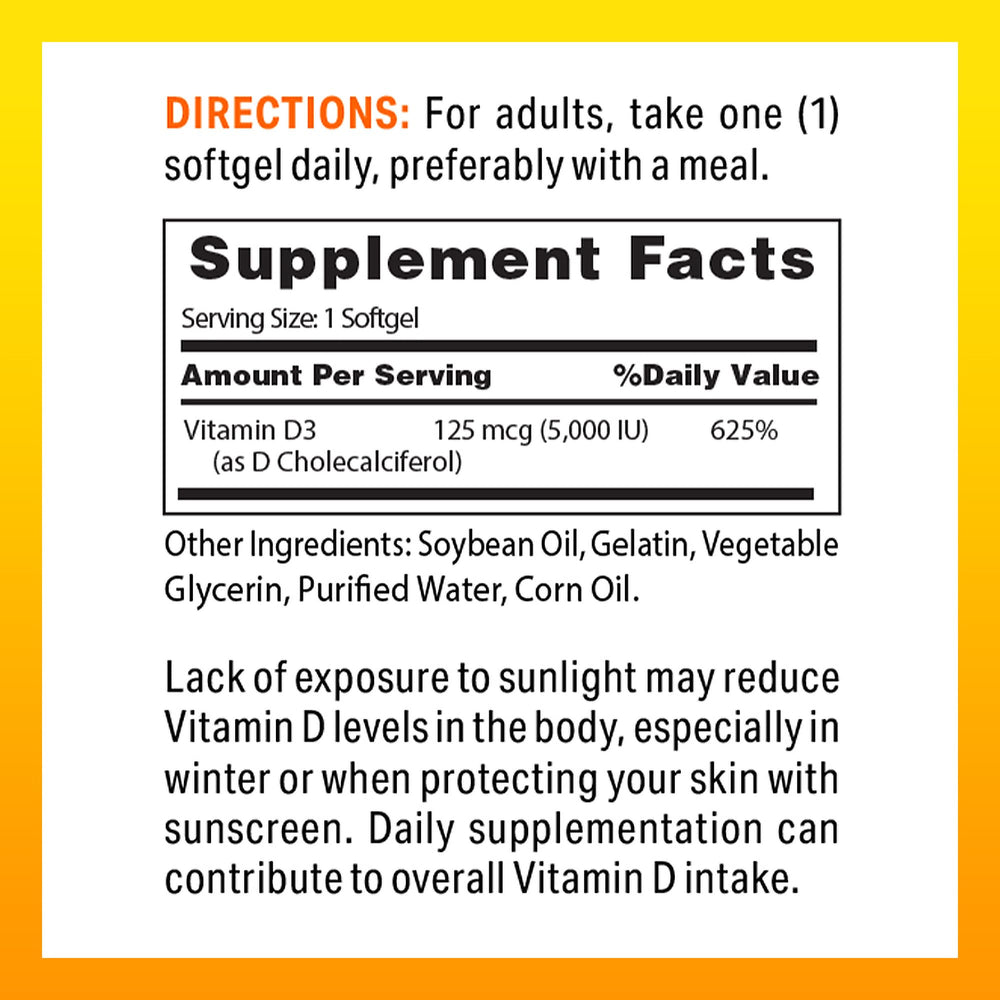 Close-up of Vitamin D3 5000 IU softgels