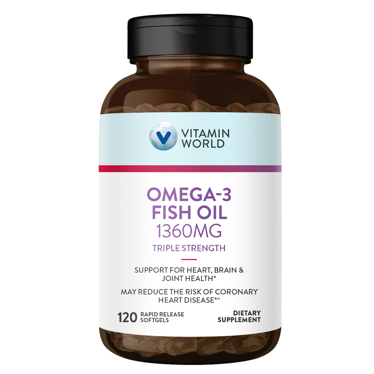 Vitamin World Omega-3 triple strength 1360 mg fish oil softgel front label