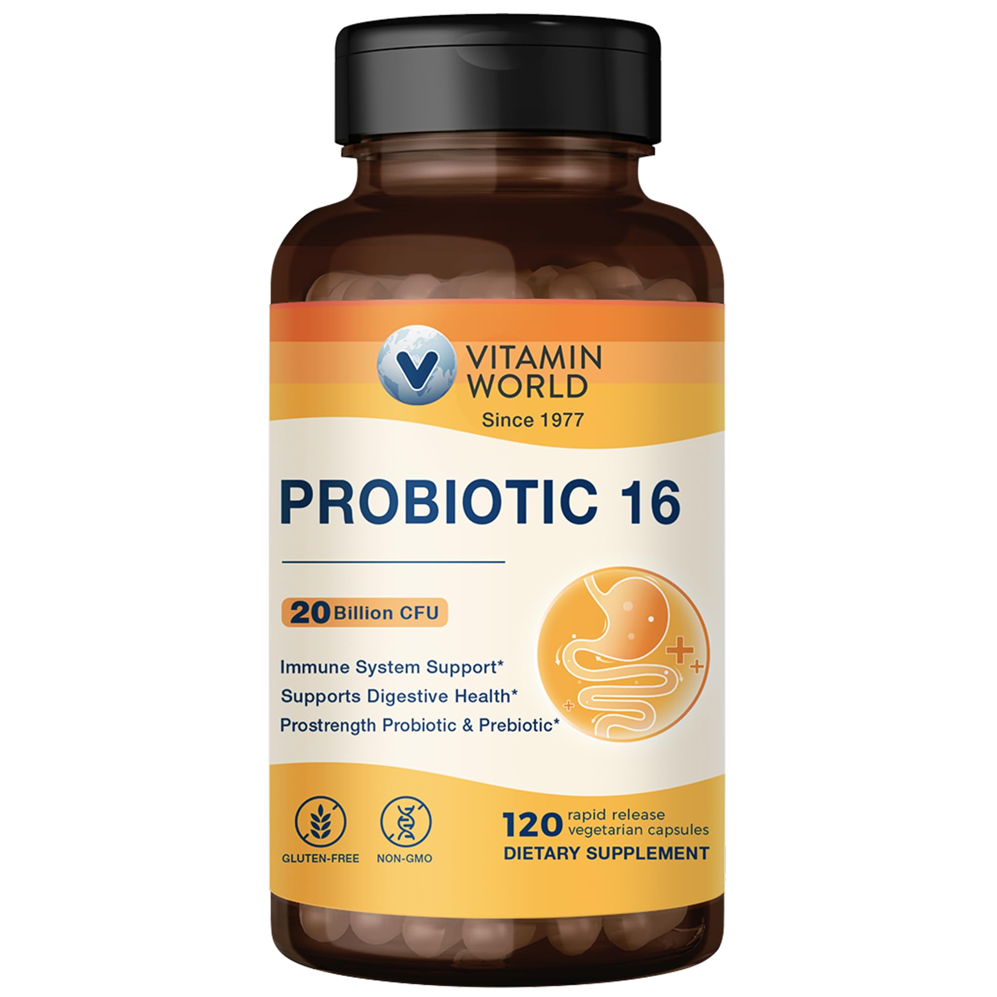 Vitamin World Probiotic 16 bottle label showing 20 Billion CFU and 16 strains