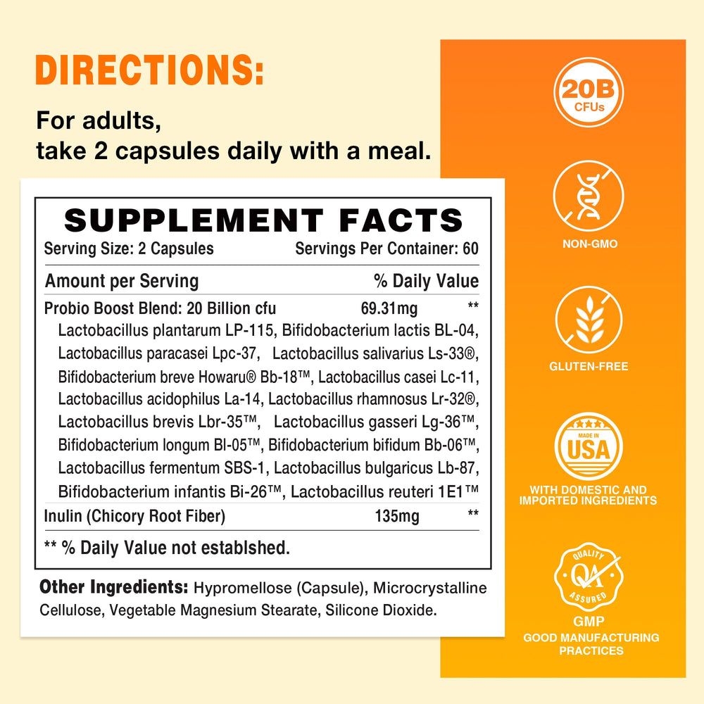 Close-up of Probiotic 16 capsule bottle highlighting 20B CFU and 16 strains