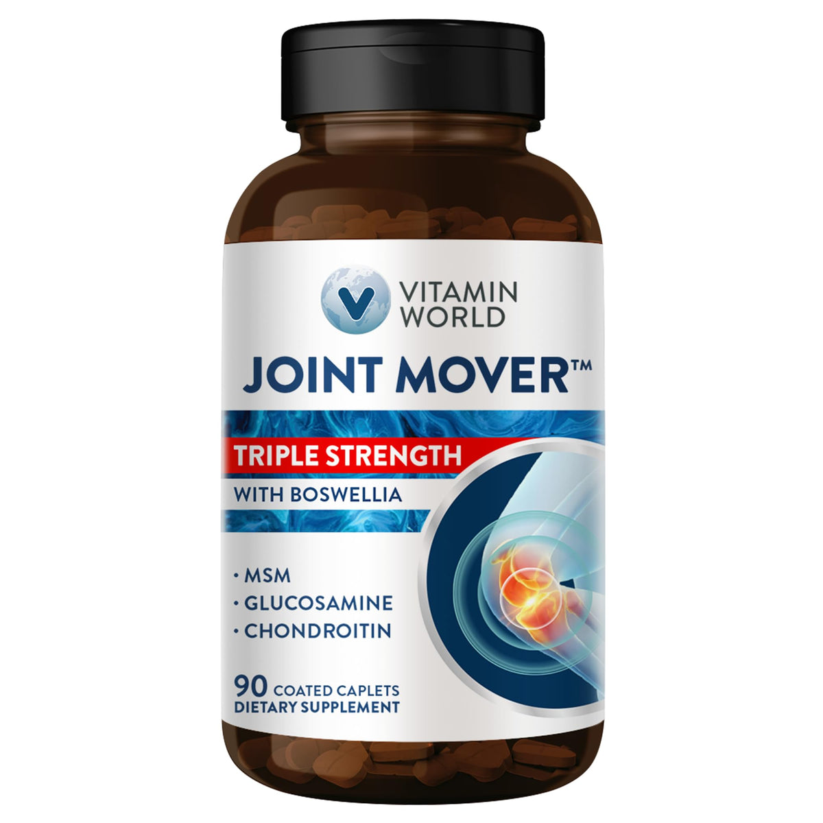 Bottle front of Vitamin World Triple Strength Joint Mover 90 Caplets