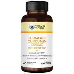 Vitamin World Turmeric Curcumin 1000mg bottle with 60 capsules on white background
