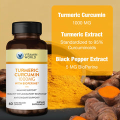 Turmeric root and powder highlighting 95% curcuminoids