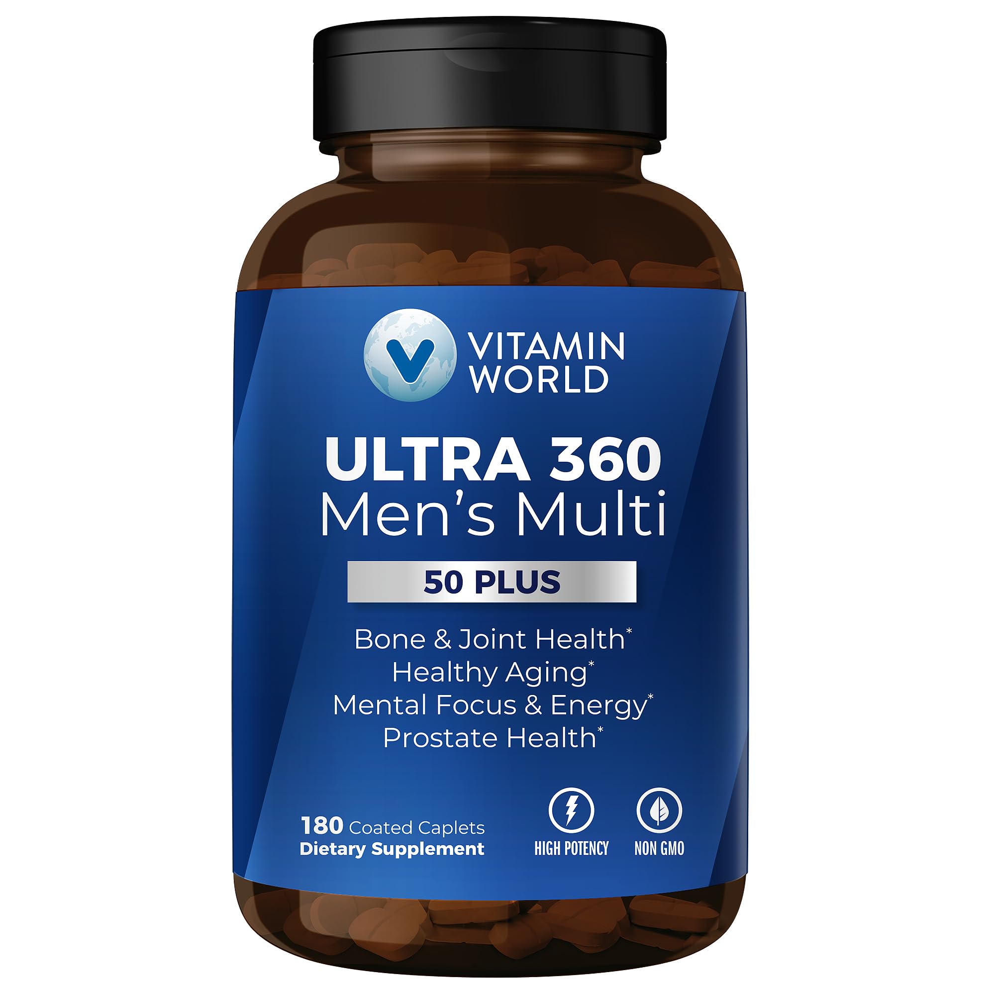 Front view of Vitamin World Ultra 360 Men's 50+ Multivitamin bottle