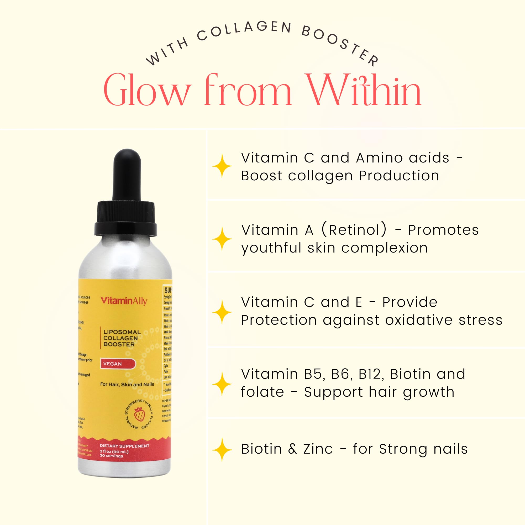 Strawberry vanilla flavored liposomal collagen booster drops label close-up