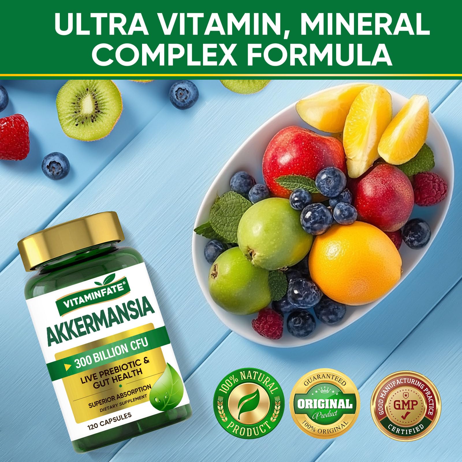 Product bottle label highlighting Akkermansia and vegan formula