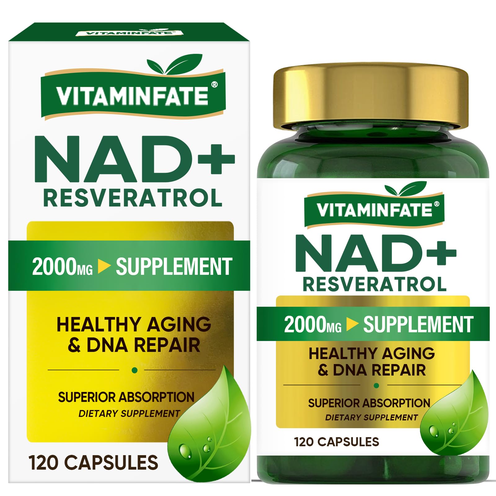 Front view of VITAMINFATE NAD+ supplement bottle, 120 capsules
