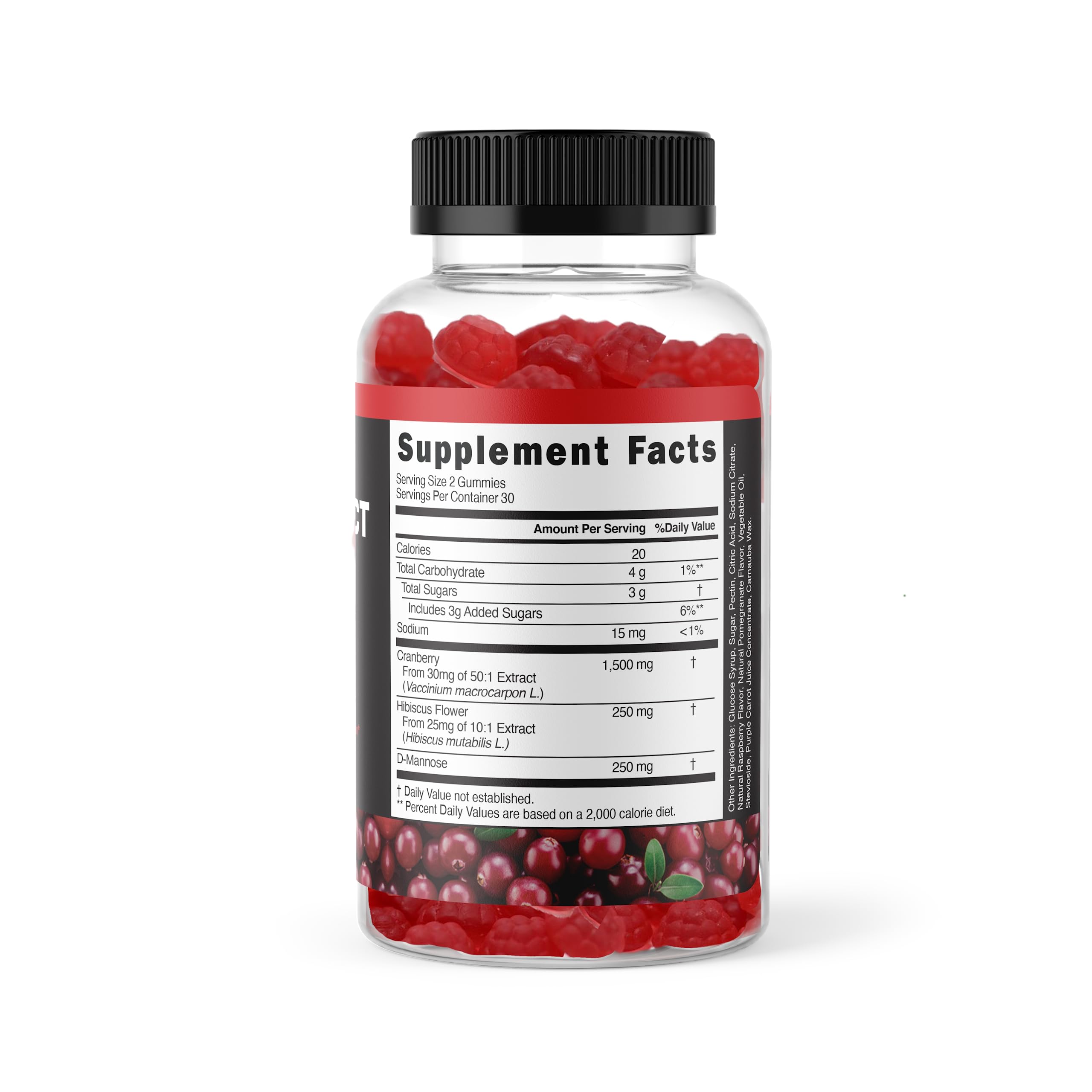 Label highlighting Cranberry Extract 1500mg and D-Mannose 250mg