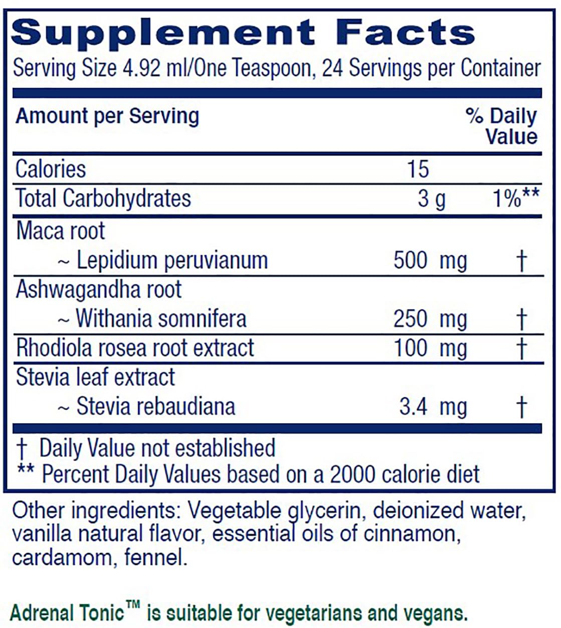 Back label of Vitanica Adrenal Tonic chai spice flavor bottle