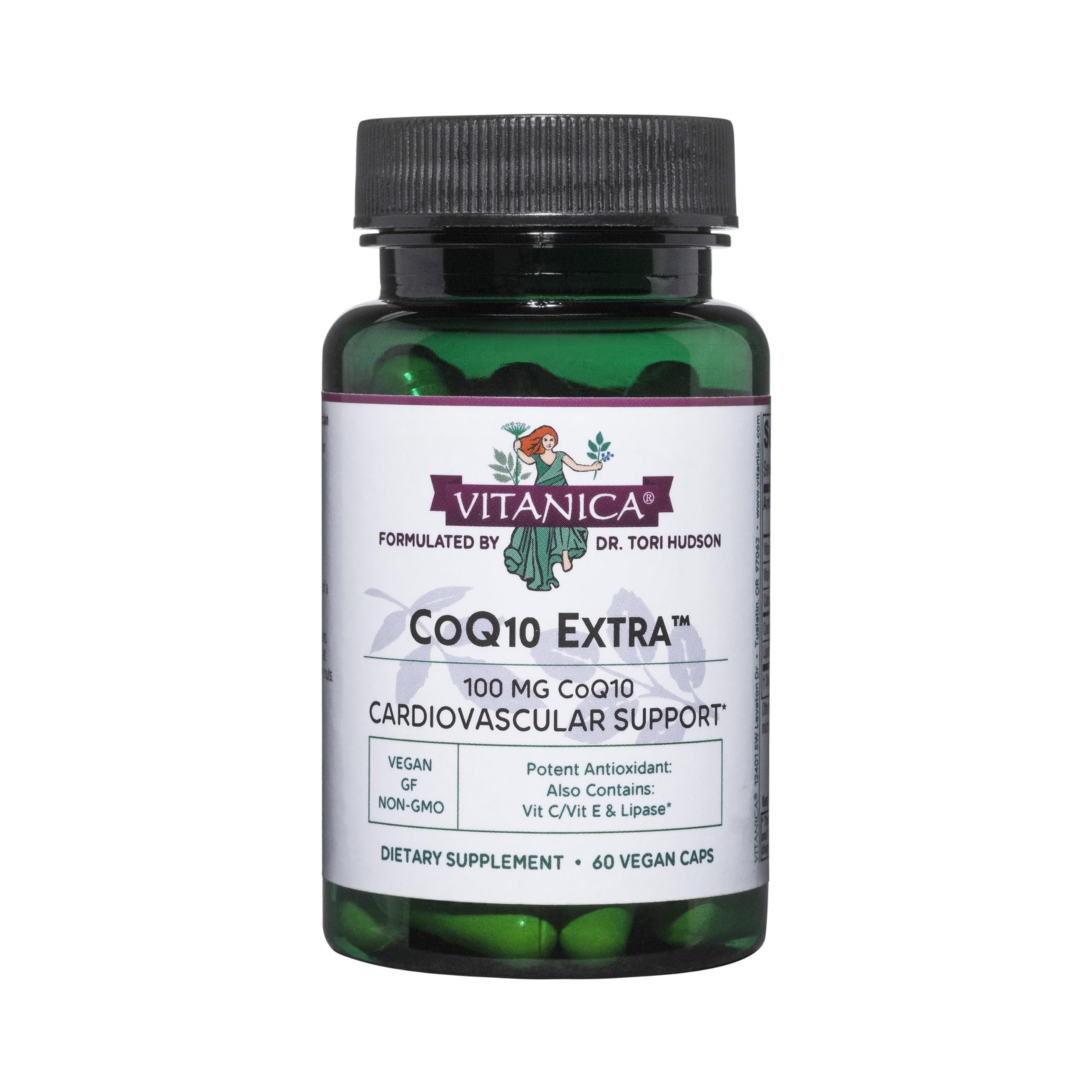 Front view of Vitanica CoQ10 Extra bottle, 100 mg, 60 capsules