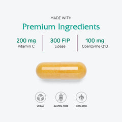 CoQ10 Extra ingredients label displaying non-GMO and natural CoQ10