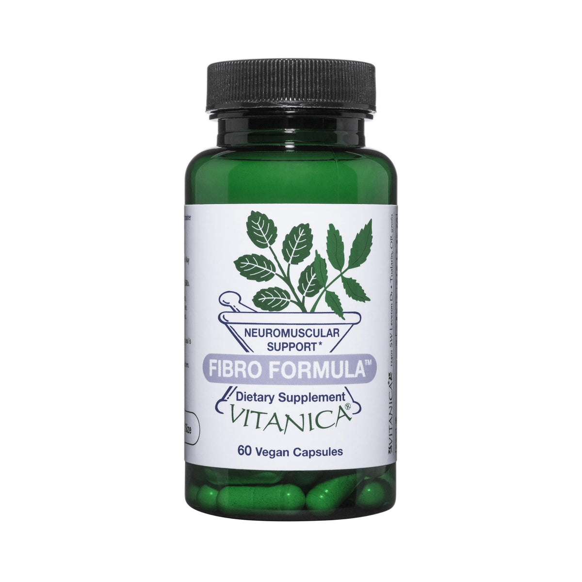 Front label of Vitanica Fibro Formula bottle showing 60 capsules