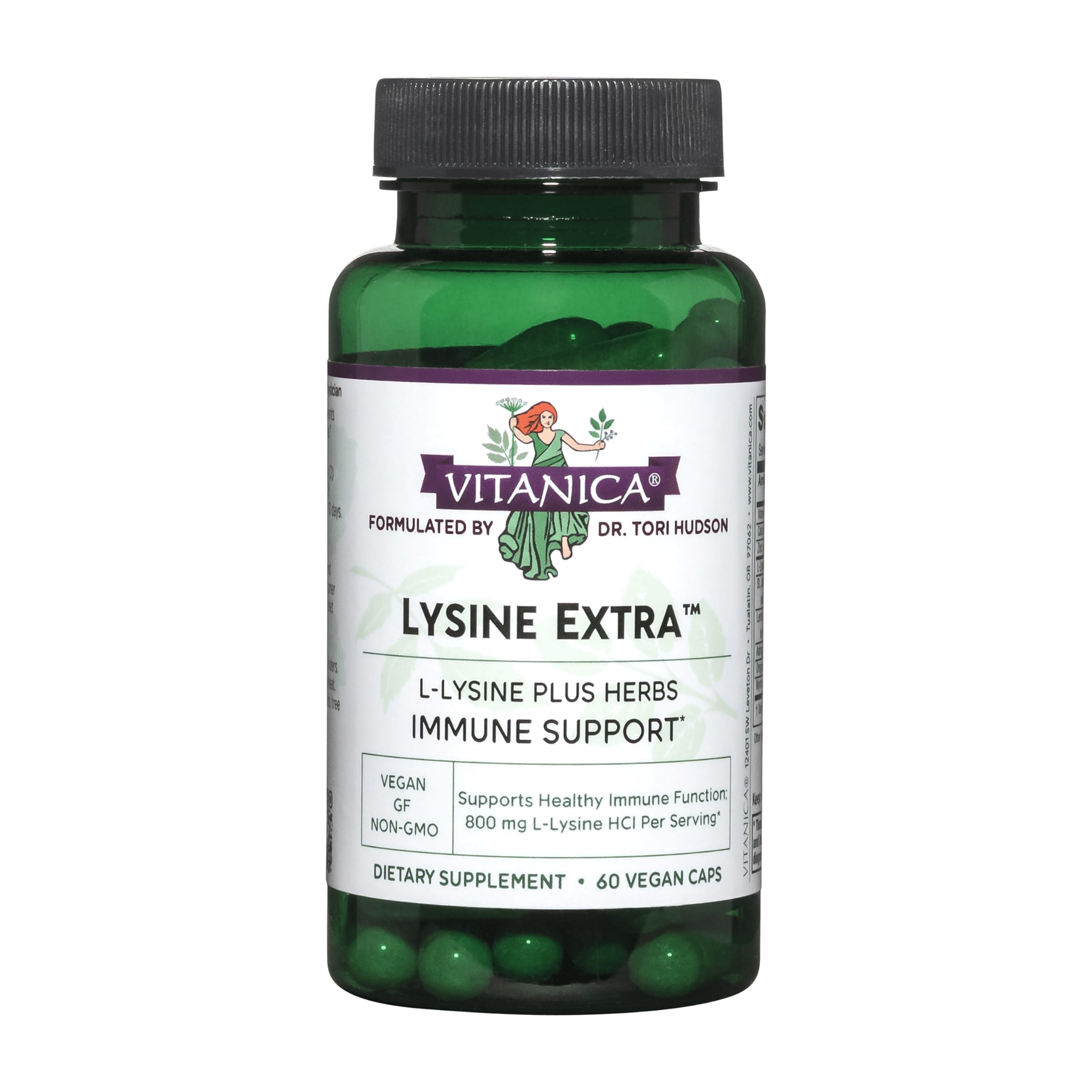 Front of Vitanica Lysine Extra bottle with label