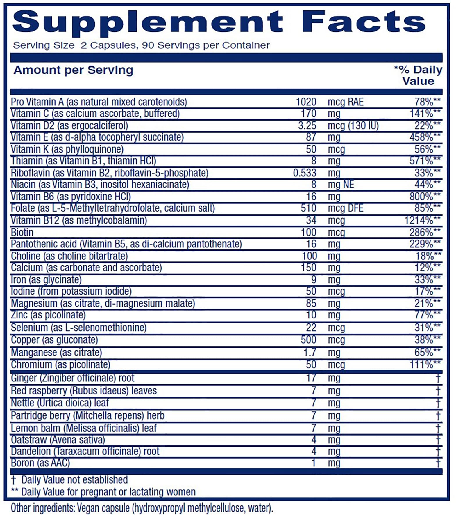 Vitanica Maternal Symmetry bottle back label