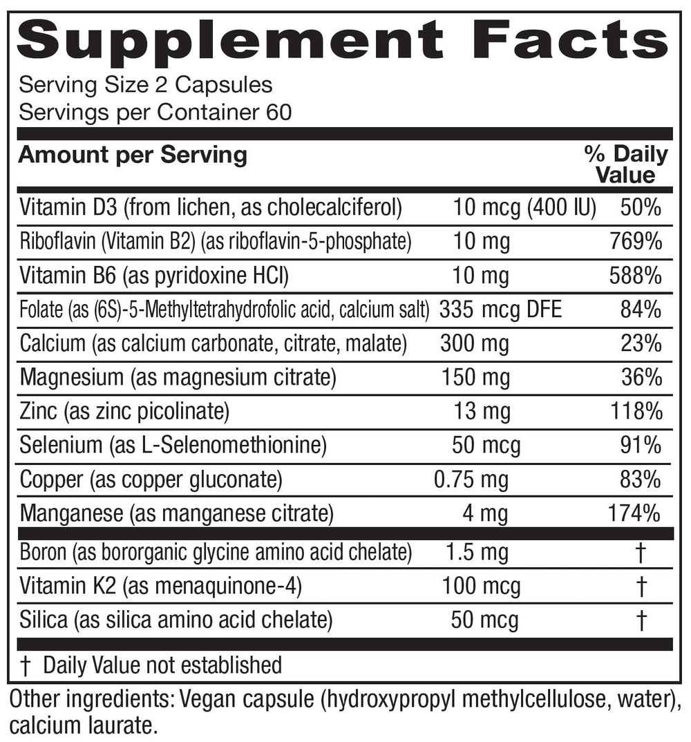 Close-up of OsteoBlend label highlighting vegan formula