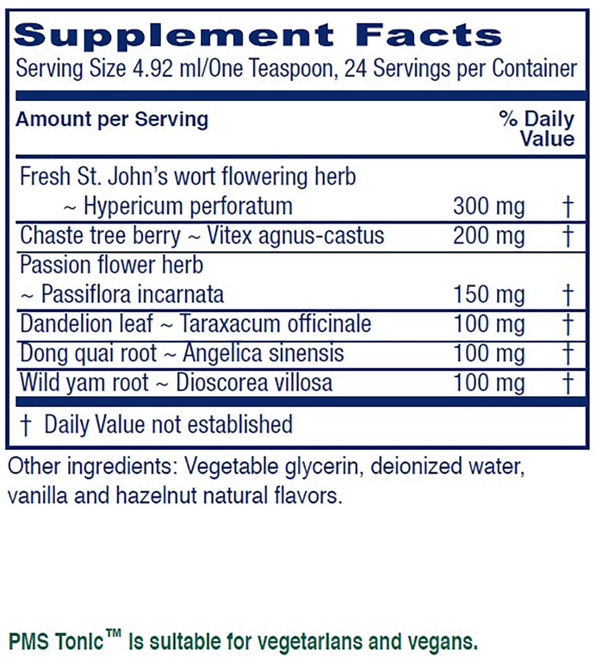 Vitanica PMS Tonic ingredients including Saint Johns Wort and Chaste Tree Berry