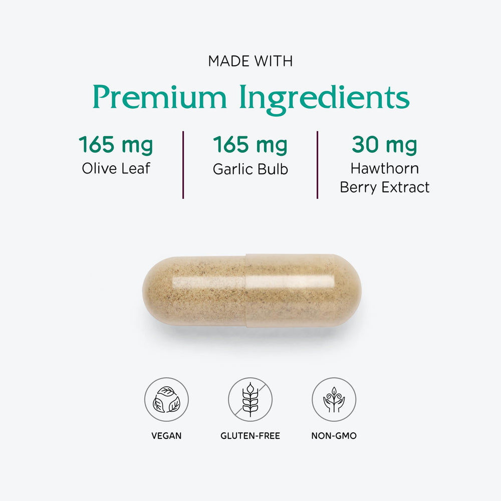 Label showing ingredients including Rauwolfia, magnesium, CoQ10 and Terminalia arjuna bark