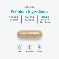 Label showing ingredients including Rauwolfia, magnesium, CoQ10 and Terminalia arjuna bark