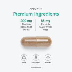 Graphic showing rosavins 3% and salidroside 1% in Rhodiola extract