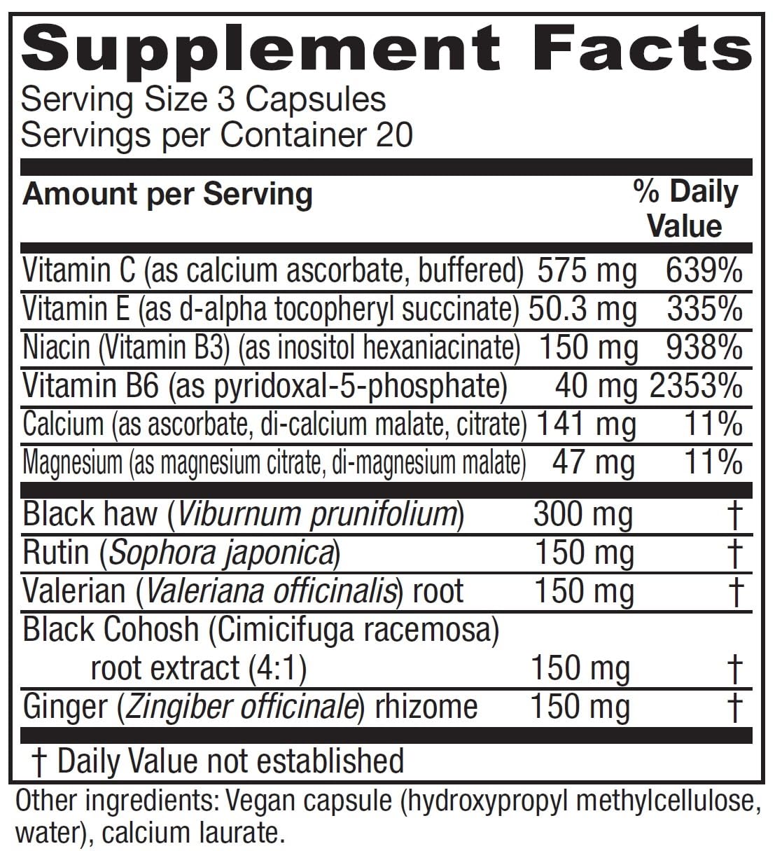 Cramp Relax ingredients featuring Black Haw bark, Valerian root, Black cohosh, and Ginger root