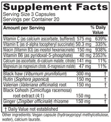 Cramp Relax ingredients featuring Black Haw bark, Valerian root, Black cohosh, and Ginger root