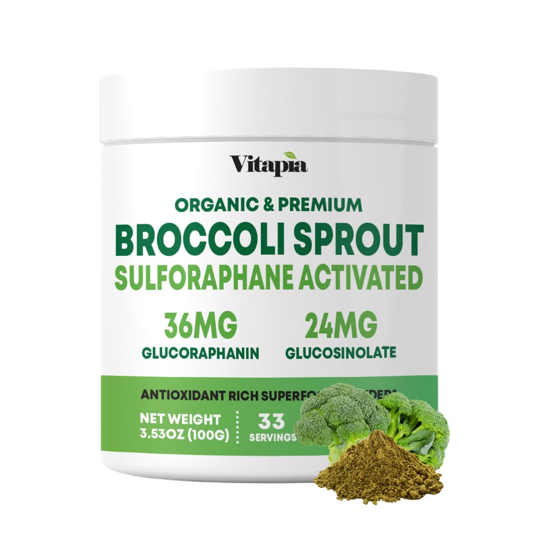 Bottle of Vitapia Organic Broccoli Sprout Powder on white background