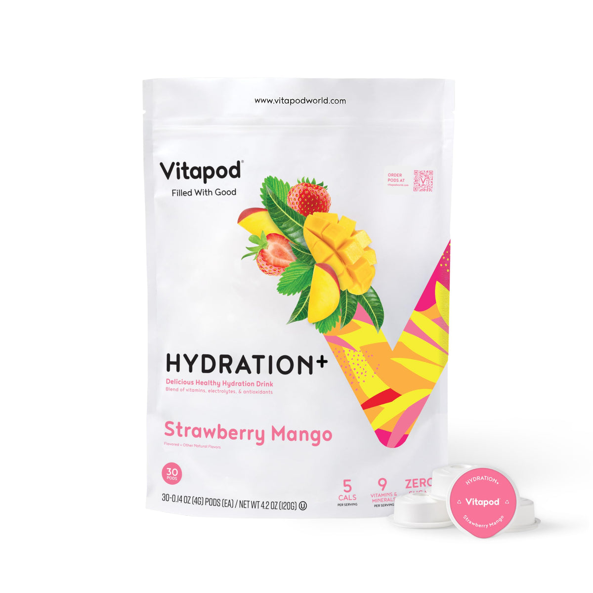 Vitapod Hydra+ Strawberry Mango packet front view for instant hydration