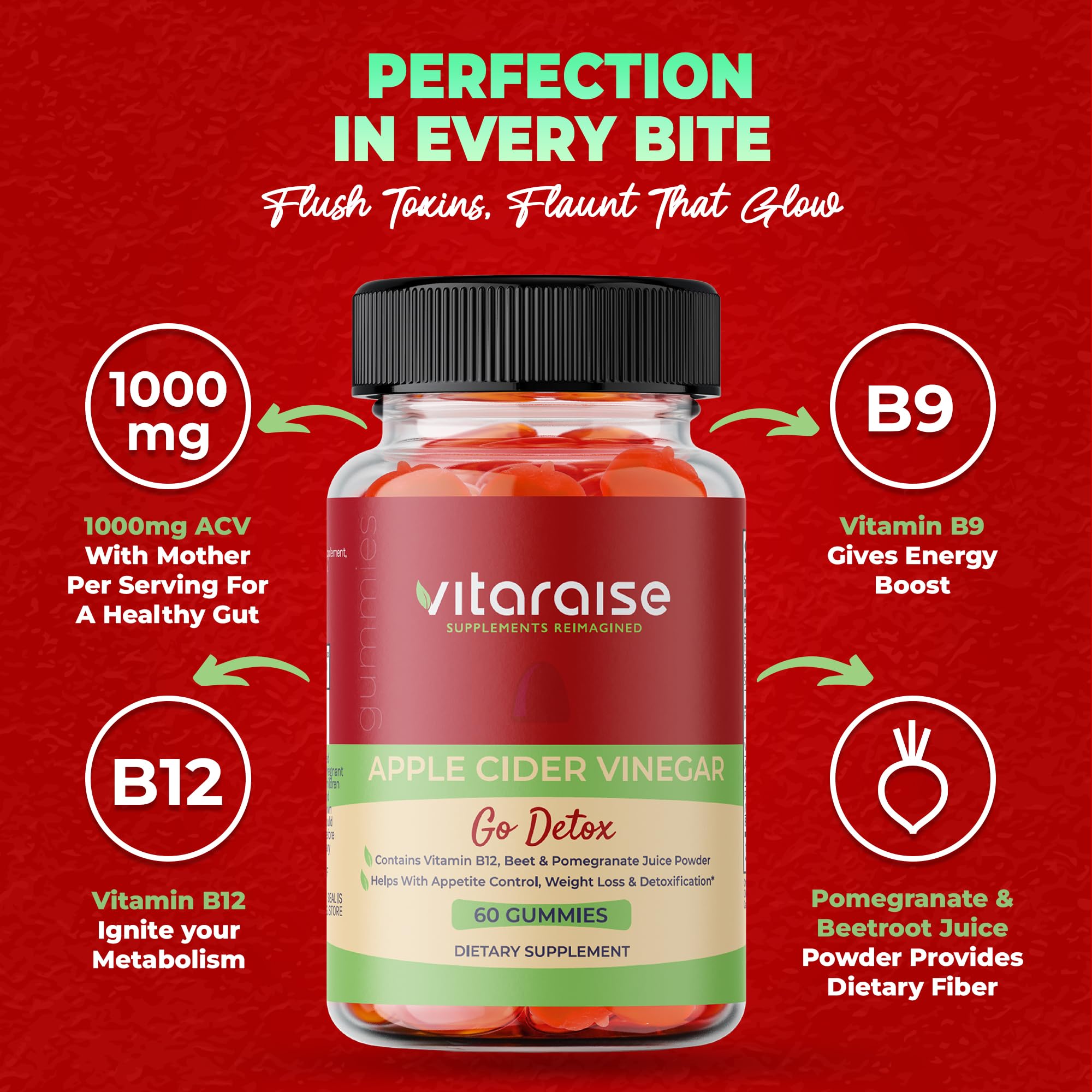 Vitaraise ACV Gummies bottle-ingredients showing B9 and B12 for energy.