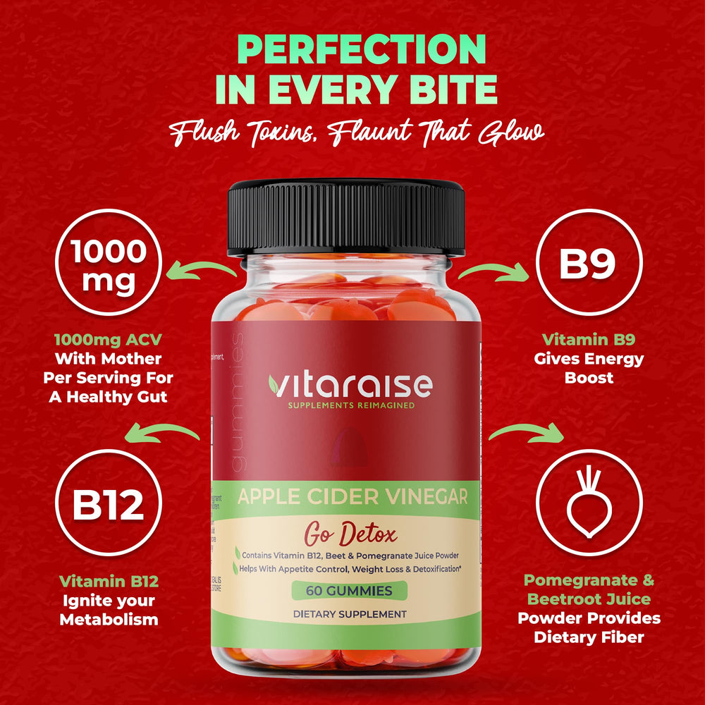 Vitaraise ACV Gummies bottle-ingredients showing B9 and B12 for energy.