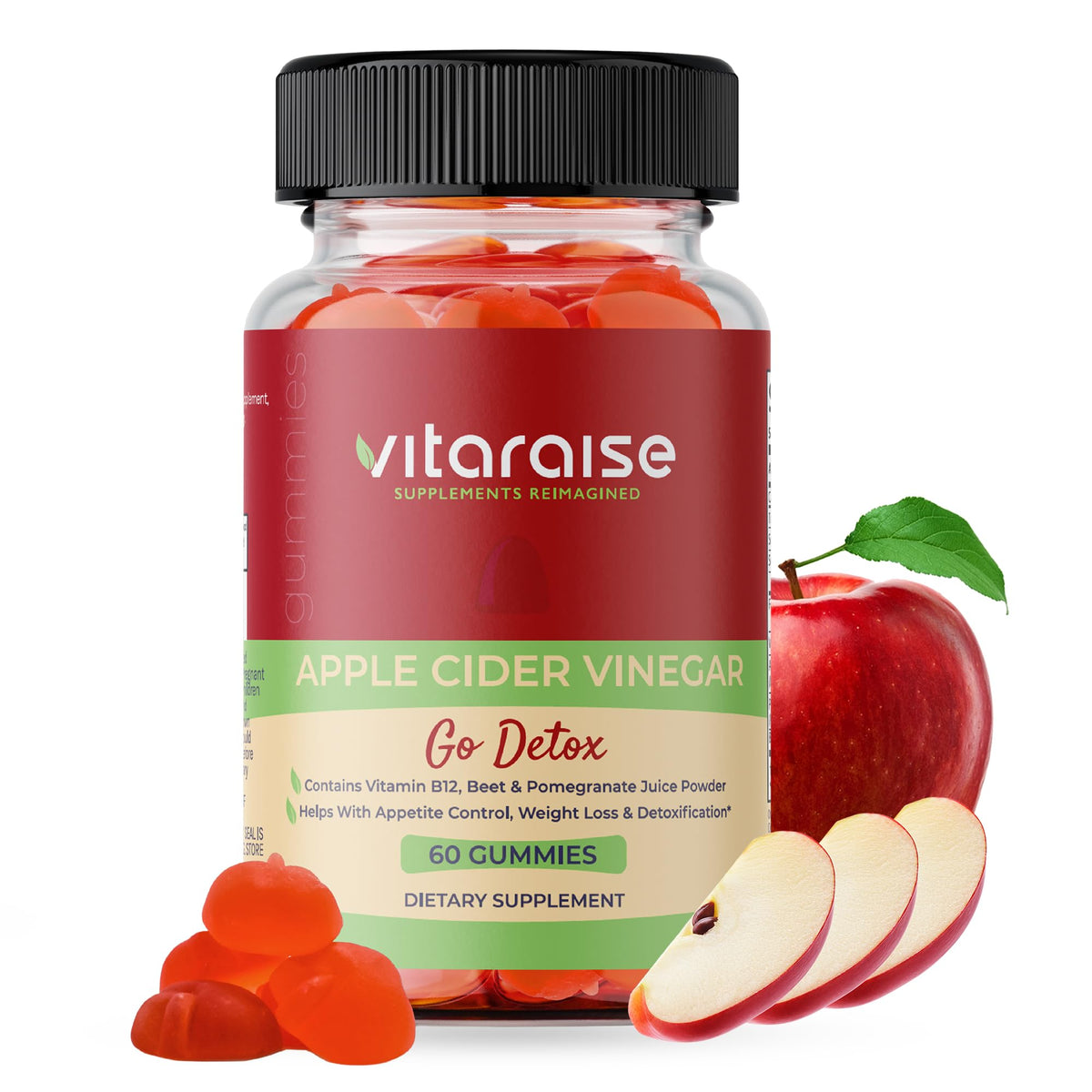 Vitaraise ACV Gummies jar-front highlighting fruity flavor and daily digestion support.