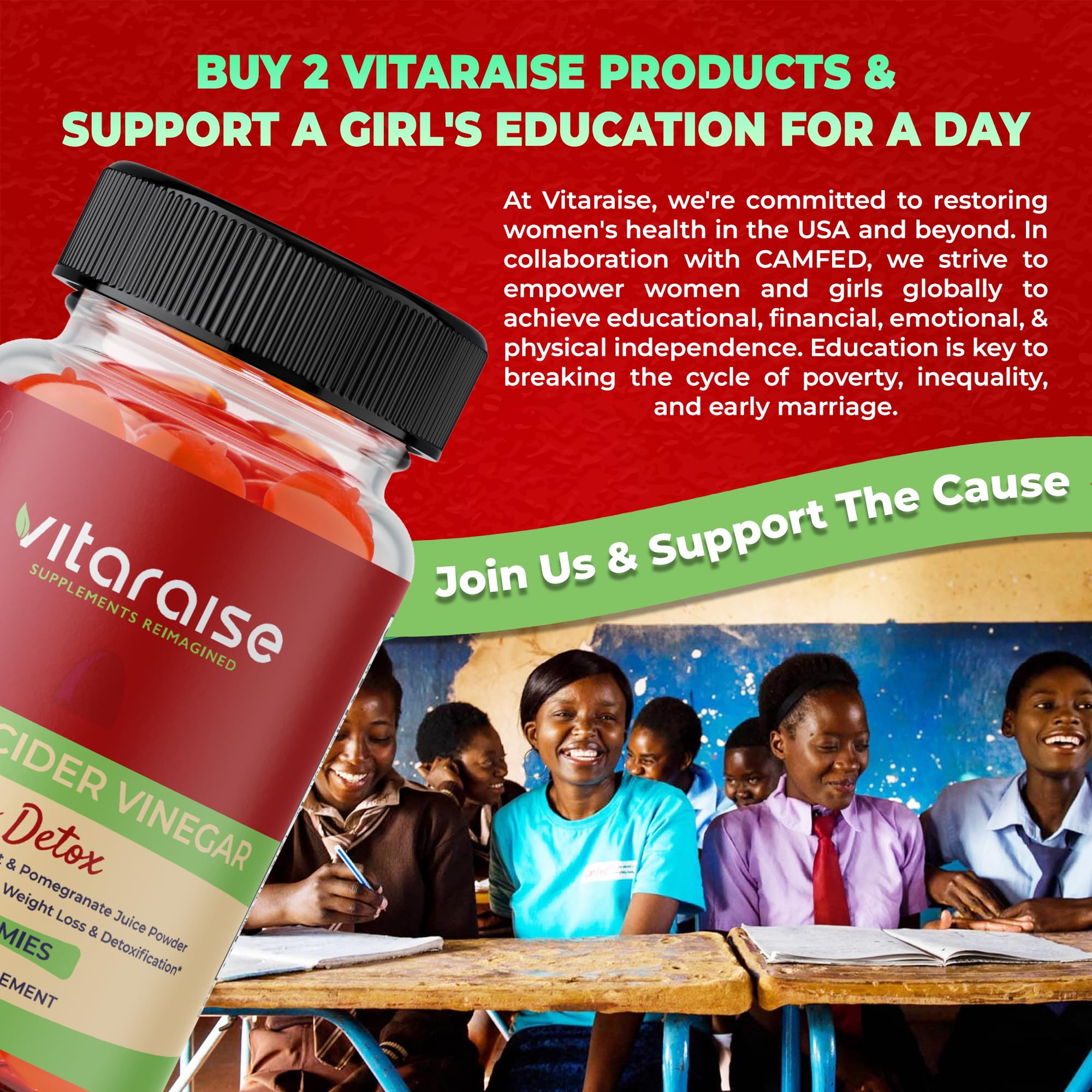 Vitaraise ACV gummies vegan, non-GMO, gluten-free badge with detox potential.
